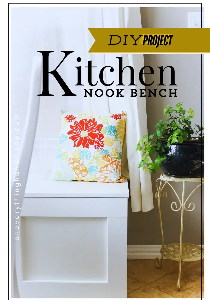 How to build a DIY kitchen nook bench from scratch — before and after showing wood frame and finished white painted bench