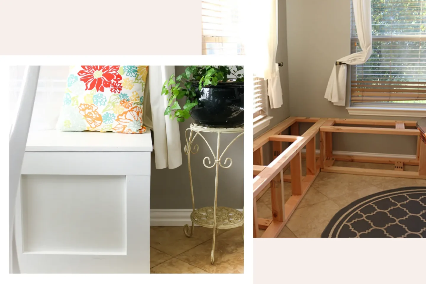 How to build a DIY kitchen nook bench from scratch, before and after showing the wood frame and finished white painted bench